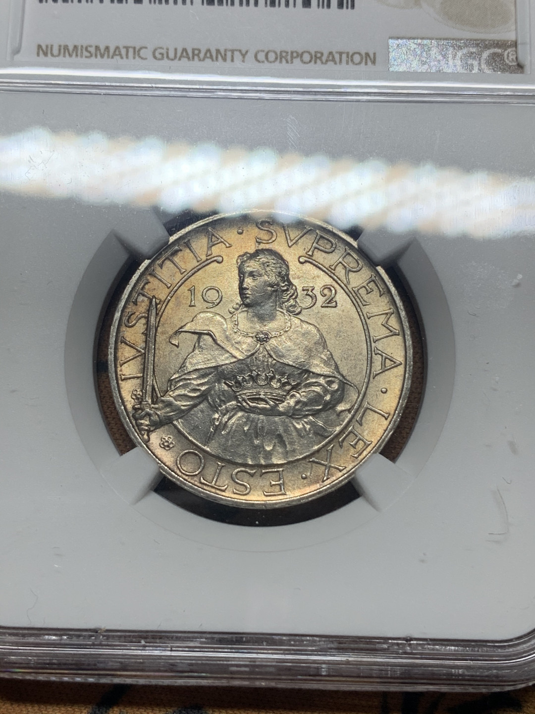 《竞宝斋》钱币微拍-第26场 元旦特刊（全场顺丰包邮） NGC-MS62 圣马力诺 1932年 圣阿加莎持剑半身像 10里拉 原光好品银币 能上MS的少见