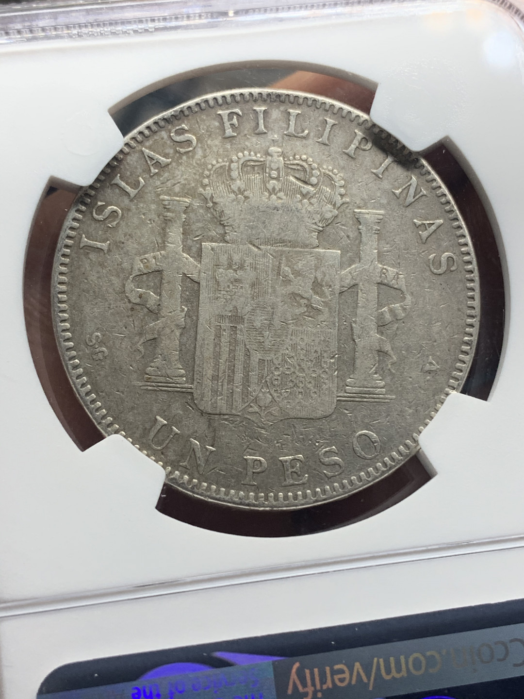 《竞宝斋》钱币微拍-第26场 元旦特刊（全场顺丰包邮） NGC-VF 西属菲律宾 1897年 阿方索十三世 1比索 大银币 稀少品种 不是西班牙本土双柱