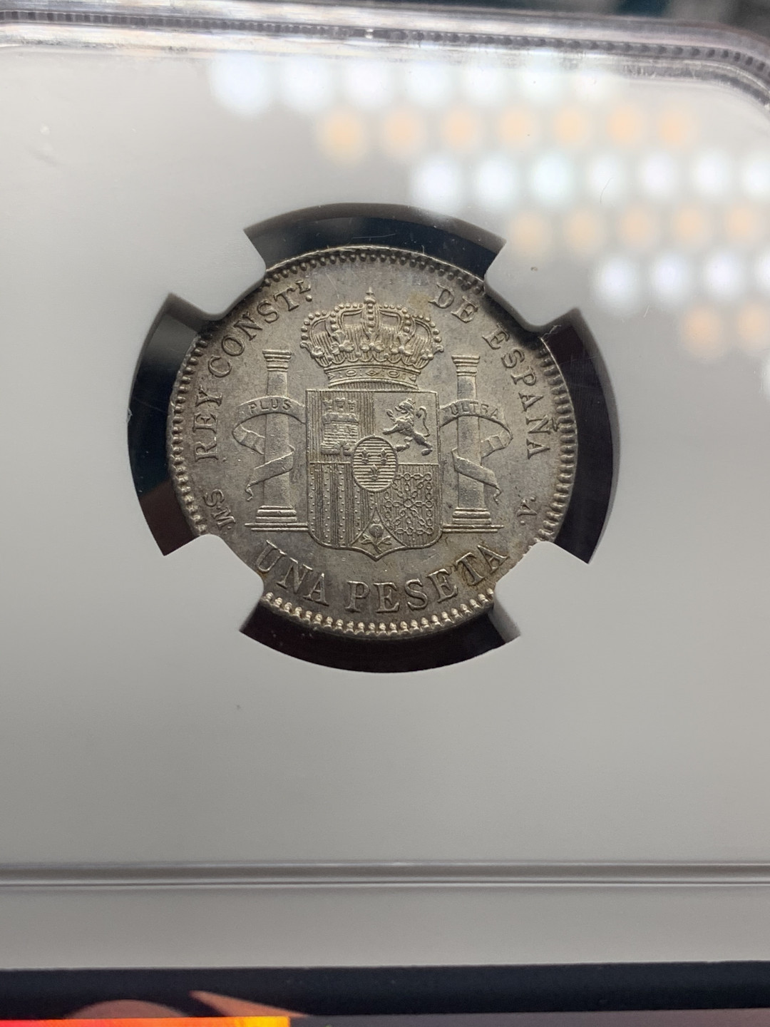 《竞宝斋》钱币微拍-第26场 元旦特刊（全场顺丰包邮） NGC-UNC 西班牙 1900年 阿方索十三世 1比塞塔 银币 没给分可惜了