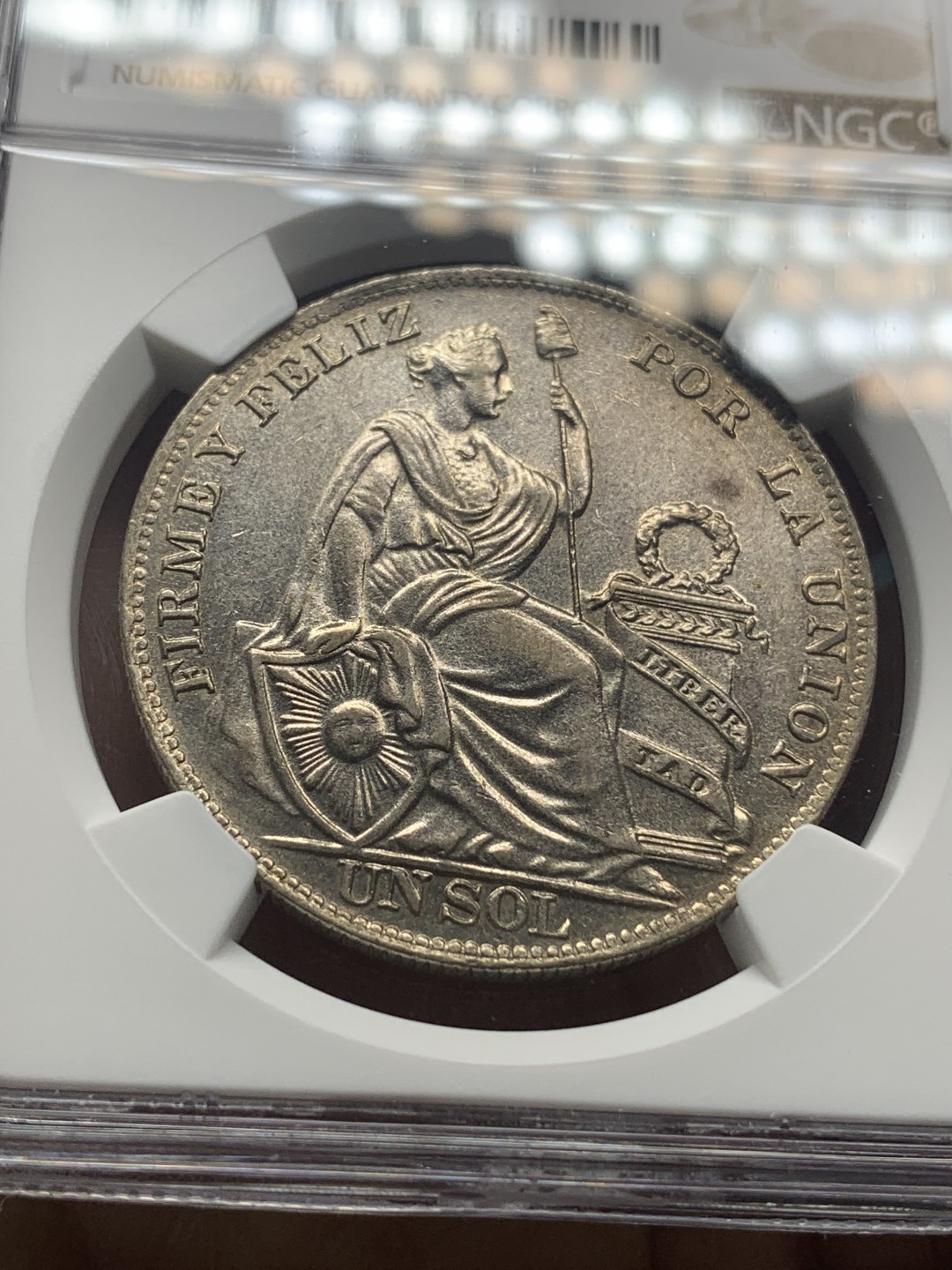 《竞宝斋》钱币微拍-第26场 元旦特刊（全场顺丰包邮） NGC-AU58 秘鲁 1934年 坐人 1索尔 原光大银币