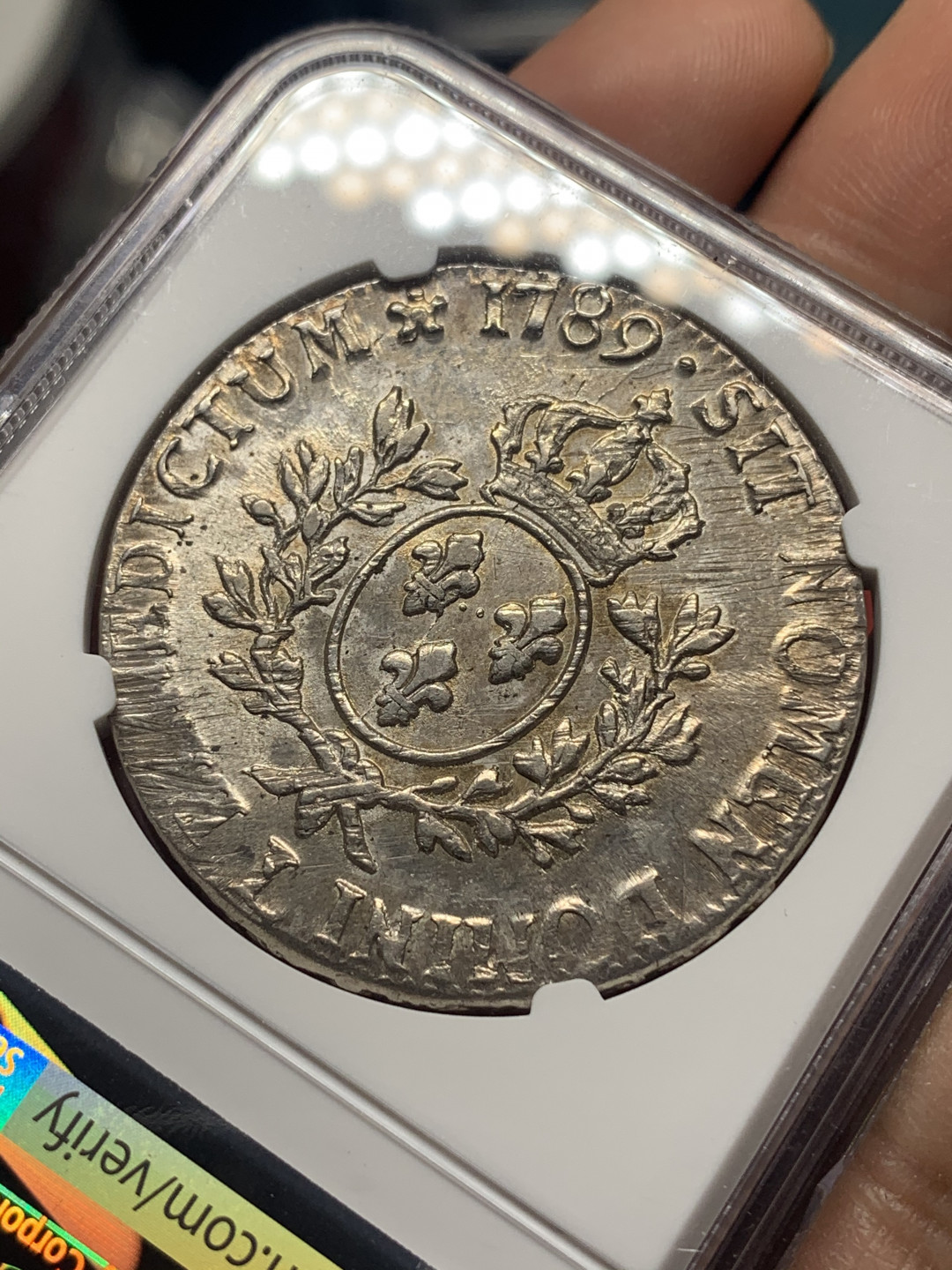 《竞宝斋》钱币微拍-第26场 元旦特刊（全场顺丰包邮） NGC-AU58 法国 1789-L年 路易十六 埃居 大银币 老包浆带彩 比这枚高分的也就三枚值得收藏