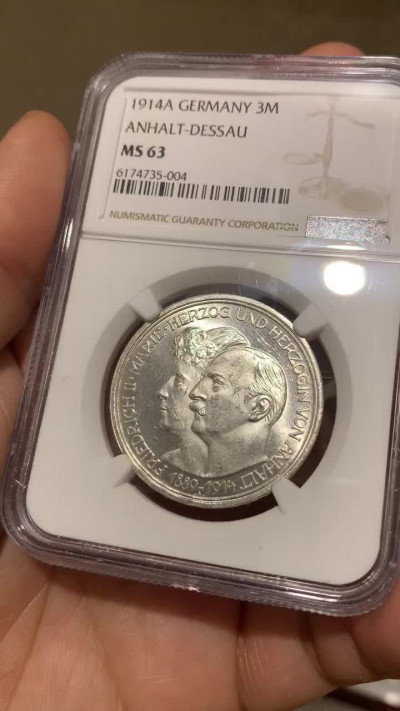 《竞宝斋》钱币微拍-第26场 元旦特刊（全场顺丰包邮） NGC-MS63 德国安哈特 1914-A年 德绍结婚纪念 3马克 原光银币