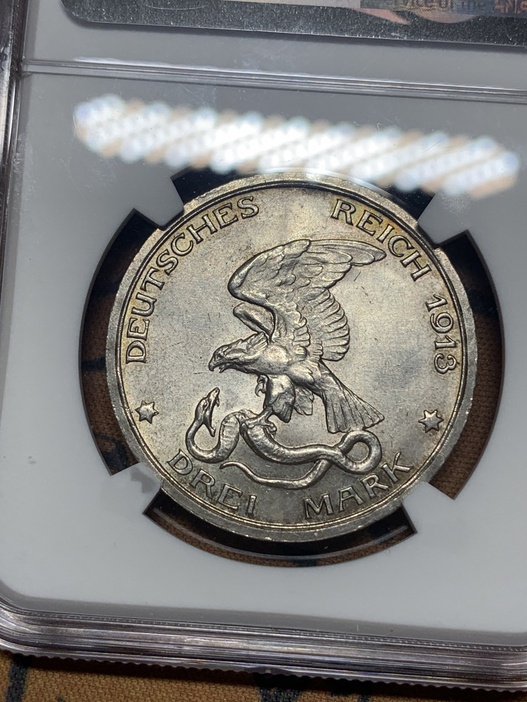 《竞宝斋》钱币微拍-第26场 元旦特刊（全场顺丰包邮） NGC-MS63 德国普鲁士 1913年 普法战争 3马克 银币 原光带彩 好味道