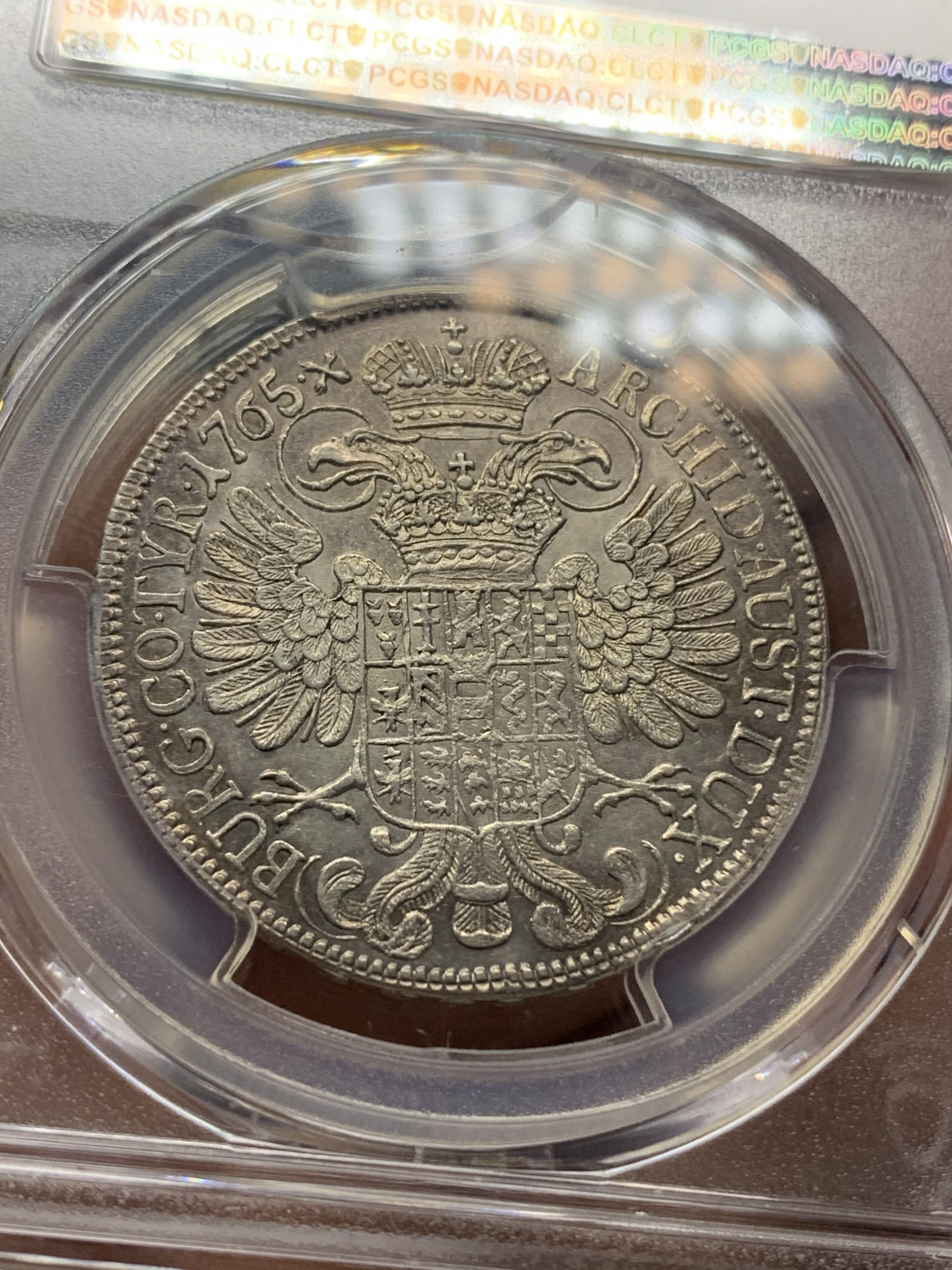 《竞宝斋》钱币微拍-第26场 元旦特刊（全场顺丰包邮） 冠军 PCGS-AU55 奥地利1765年 大奶妈 1/2泰勒 成本380欧元 欧洲寄回去盒子压破了 兄弟们自己换下PC盒吧