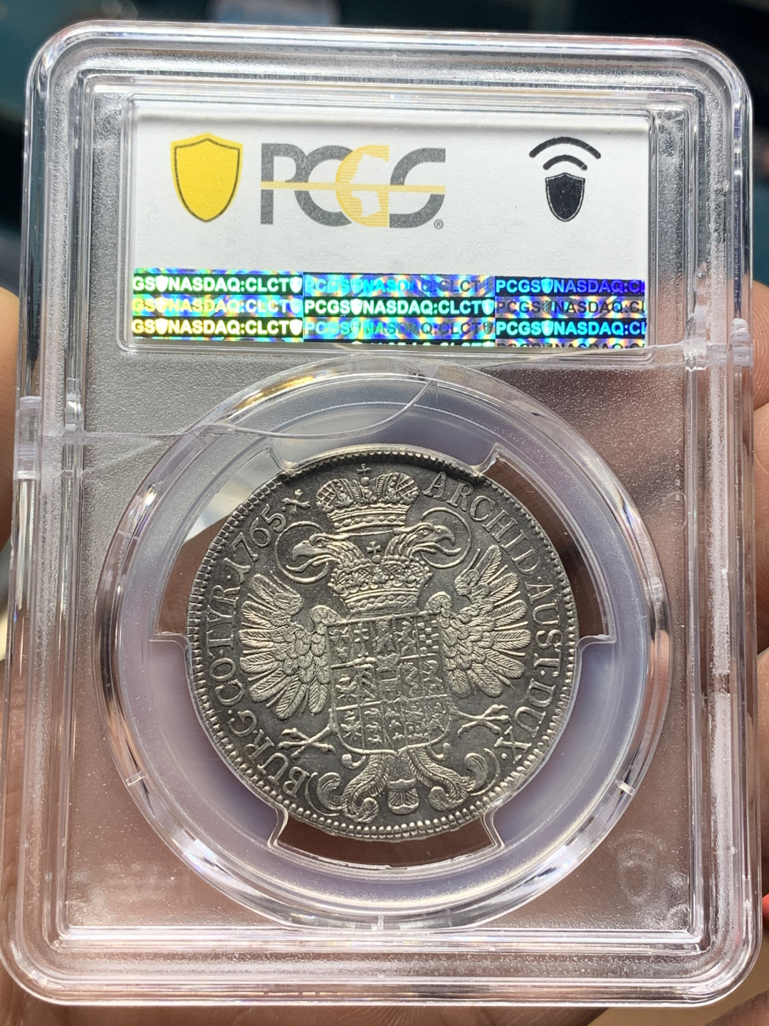 《竞宝斋》钱币微拍-第26场 元旦特刊（全场顺丰包邮） 冠军 PCGS-AU55 奥地利1765年 大奶妈 1/2泰勒 成本380欧元 欧洲寄回去盒子压破了 兄弟们自己换下PC盒吧