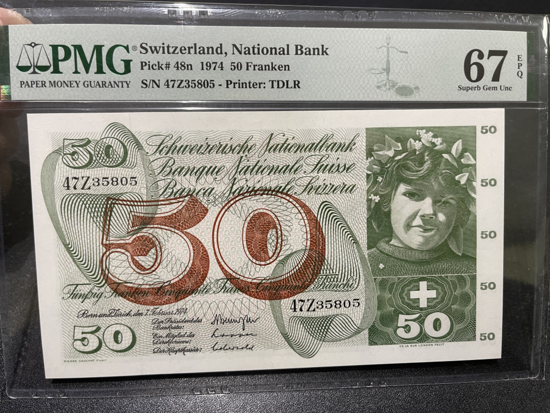 🌟2022新年第二拍《外钞收藏家》第一百六十期拍卖（本期81件） 1974年瑞士50法郎 苹果园 PMG67 冠军分