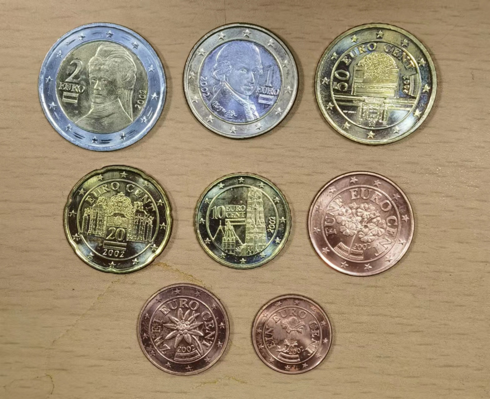 北京马甸外国钱币专卖店微拍第六十七期，非贵金属外国纪念币，流通币专场，陆续上新欢迎关注 好品UNC级2002年版奥地利流通币8枚／套，从原装卡册里拆下来的原装品相