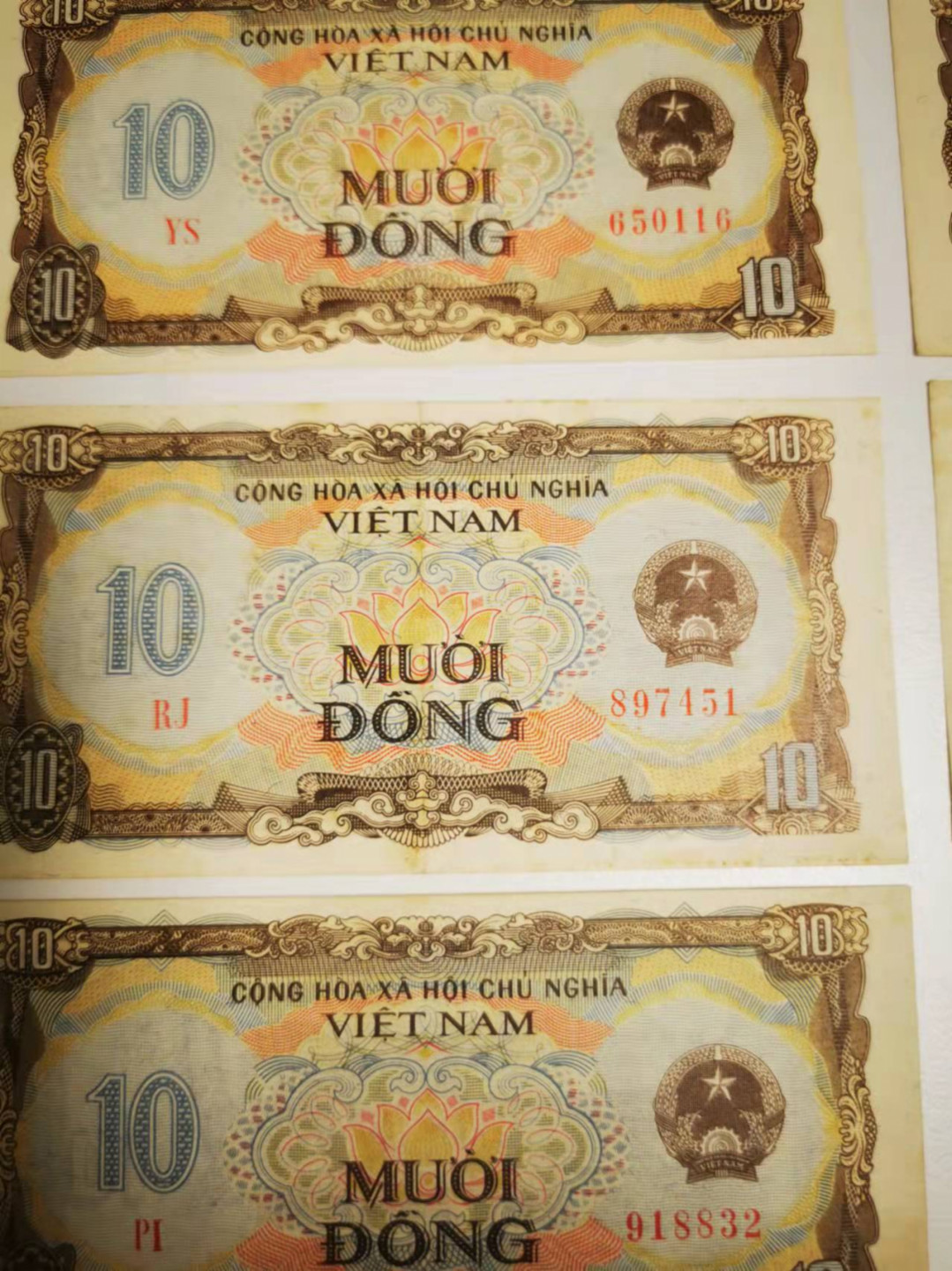 【鲸贝乐淘★叁拍包邮】千字文·第“毛施淑姿，工颦妍笑”号拍卖 【越南🇻🇳】1980年10盾10张，难得好品相，Aunc，无中折痕有黄斑