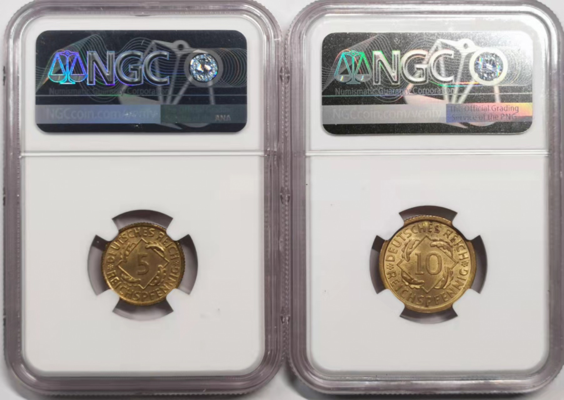 凡希社世界钱币微拍第一百八十五期 1936F魏玛5/10芬尼一对NGC-MS64/65