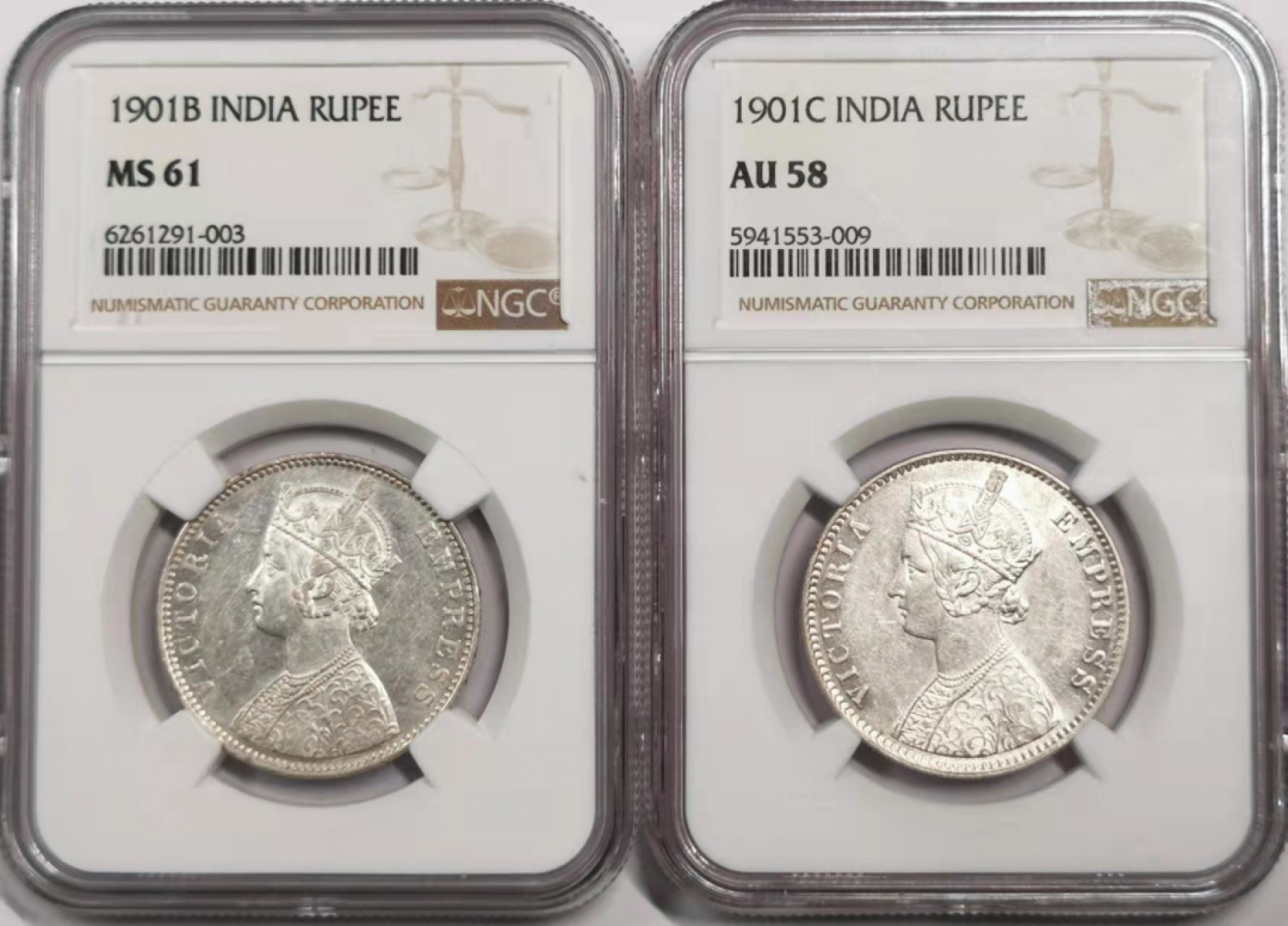 凡希社世界钱币微拍第一百八十五期 1901B/C英属印度小维卢比一对NGC-MS61/58