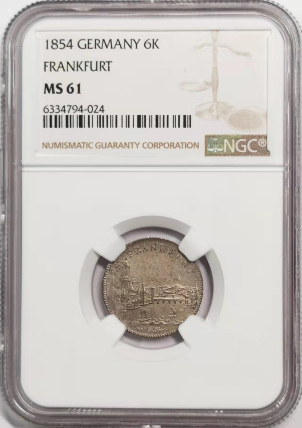 凡希社世界钱币微拍第一百八十五期 1854法兰克福景观6克鲁泽NGC-MS61