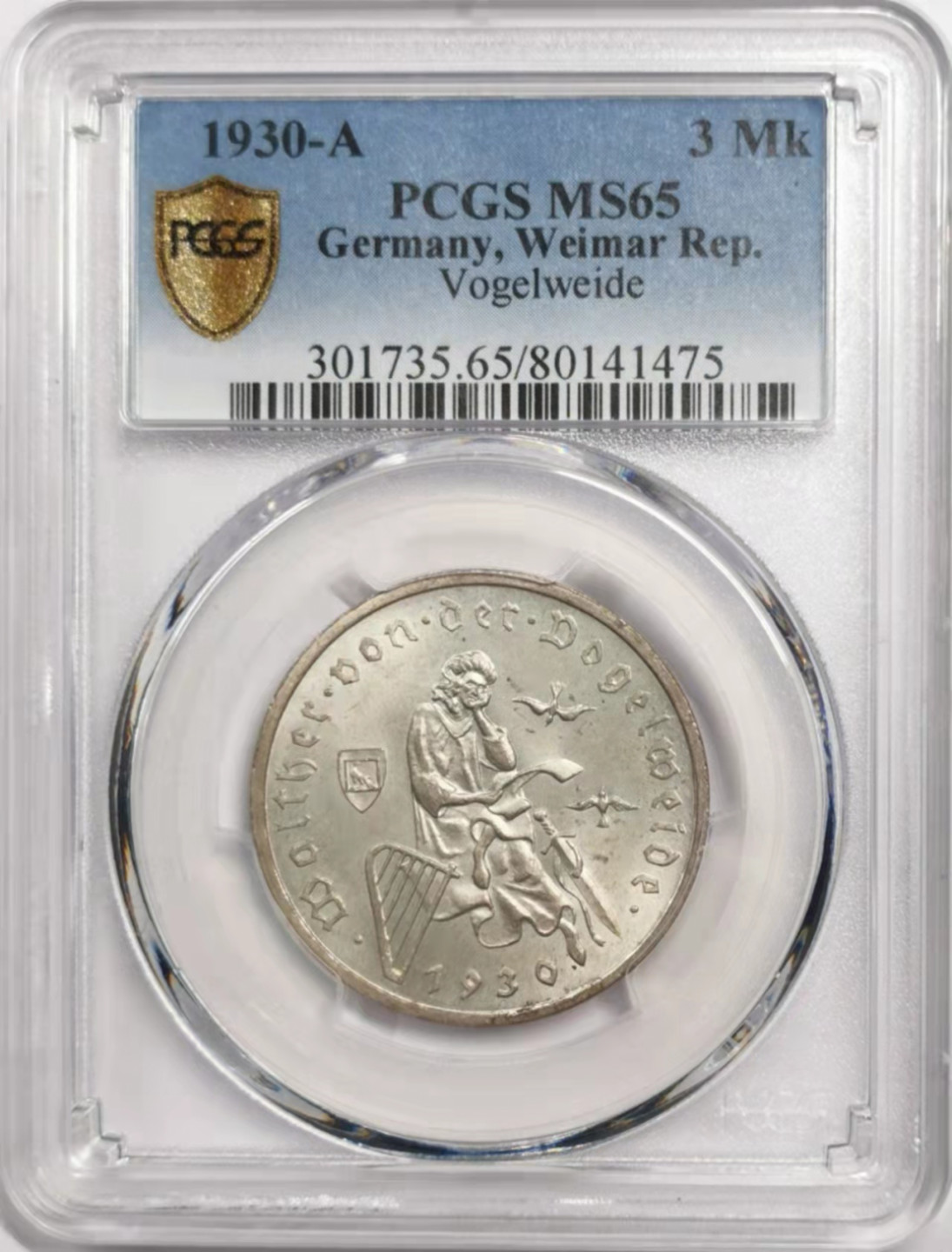 凡希社世界钱币微拍第一百八十五期 1930A魏玛行吟诗人3马克PCGS-MS65