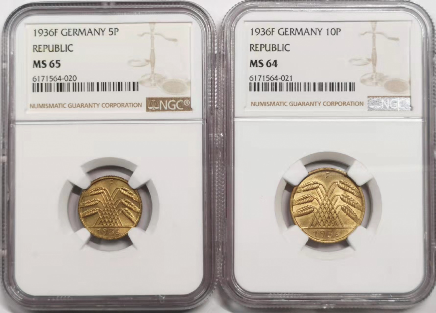 凡希社世界钱币微拍第一百八十五期 1936F魏玛5/10芬尼一对NGC-MS64/65