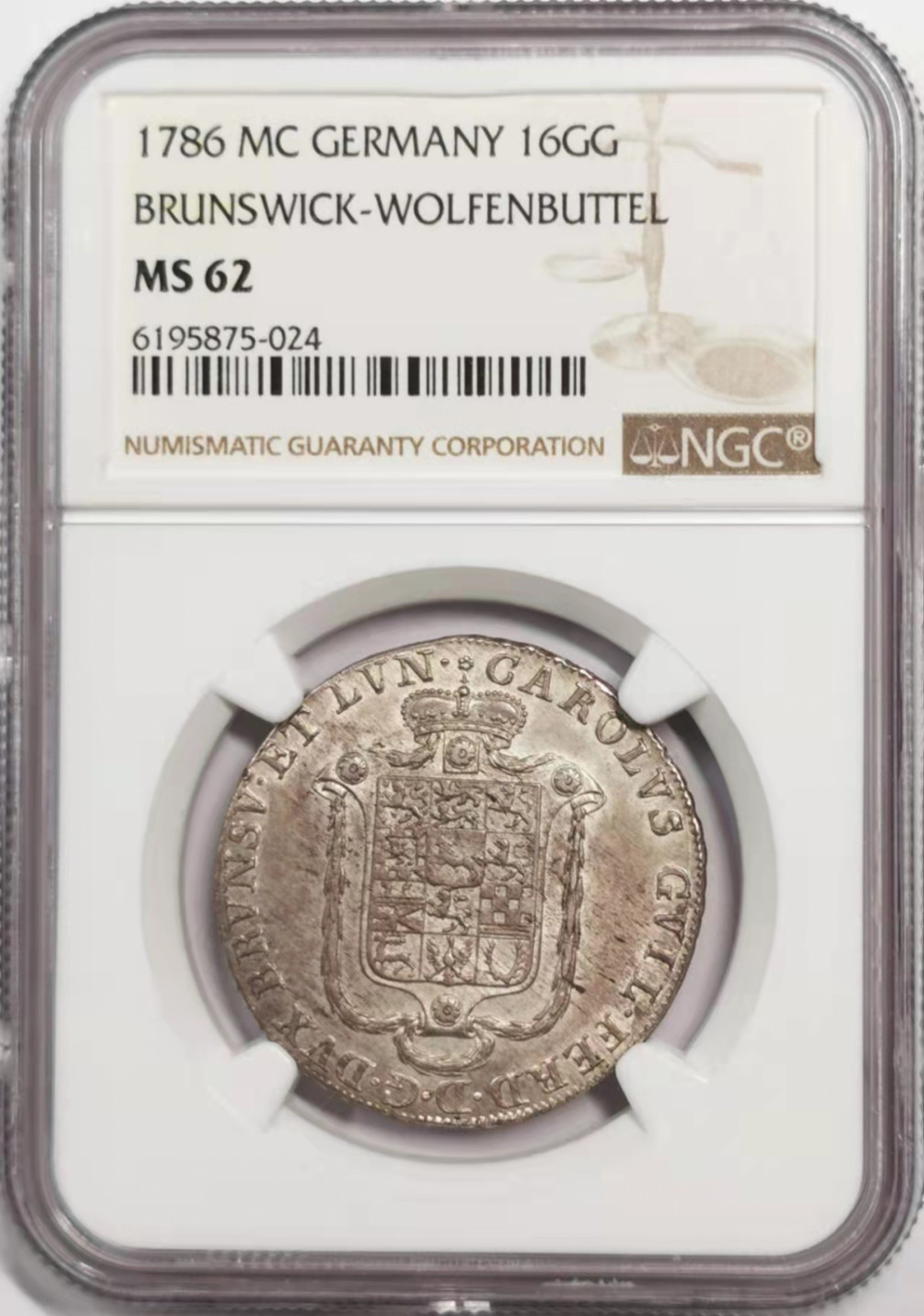 凡希社世界钱币微拍第一百八十五期 1786布伦瑞克16G（1/2泰勒）NGC-MS62淡紫金彩！