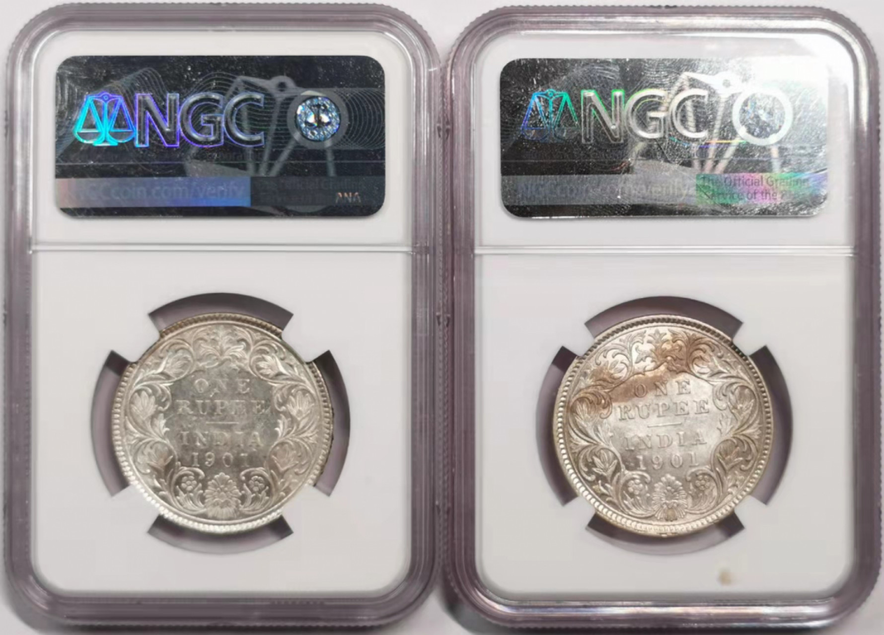 凡希社世界钱币微拍第一百八十五期 1901B/C英属印度小维卢比一对NGC-MS61/58