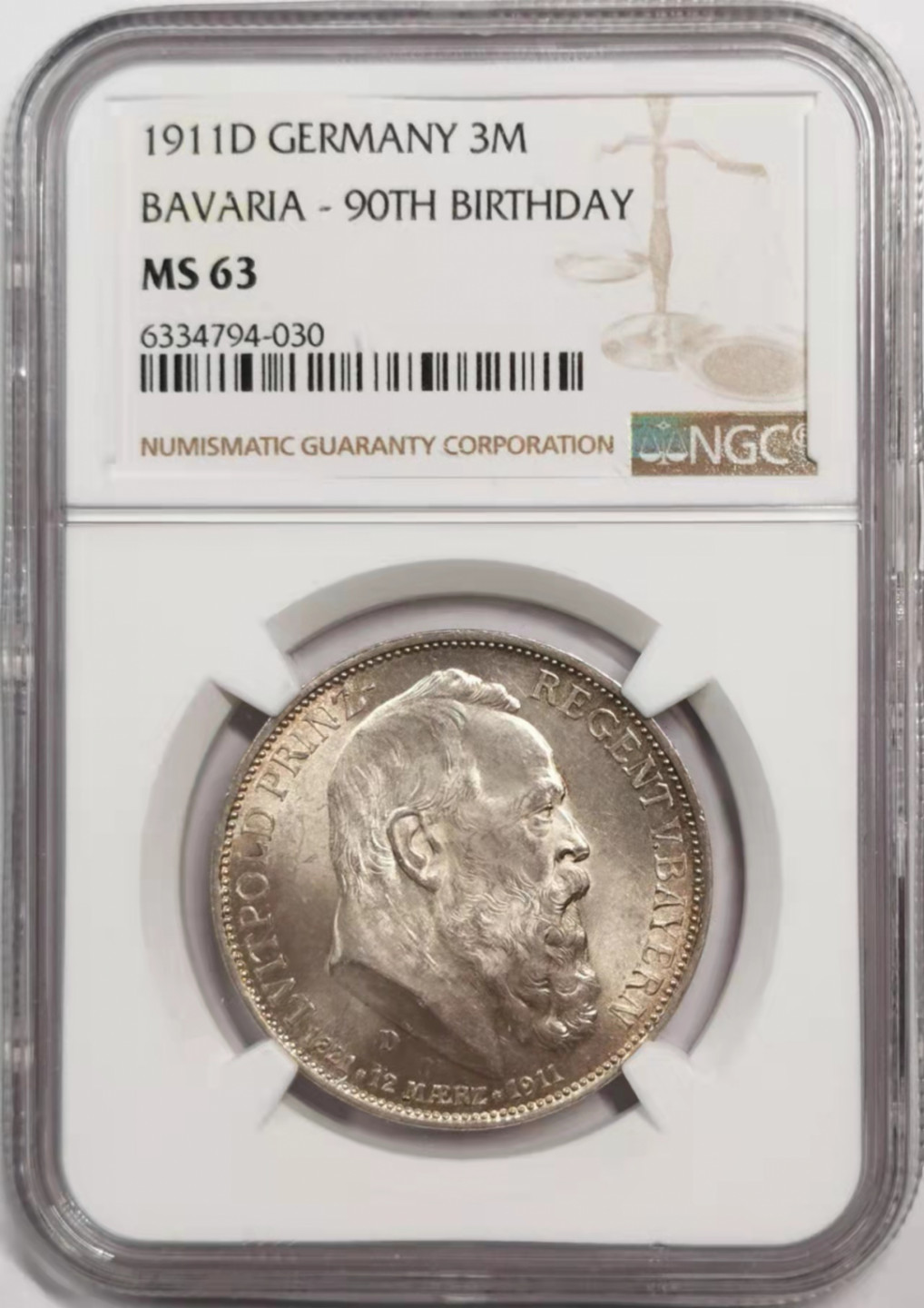 凡希社世界钱币微拍第一百八十五期 1911巴伐利亚3马克NGC-MS63