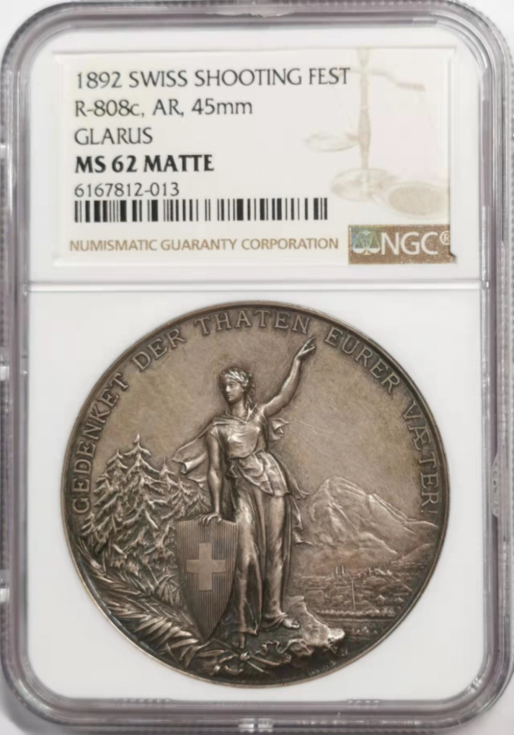凡希社世界钱币微拍第一百八十五期 1892瑞士格拉鲁斯射击节纪念银章NGC-MS62MATTE