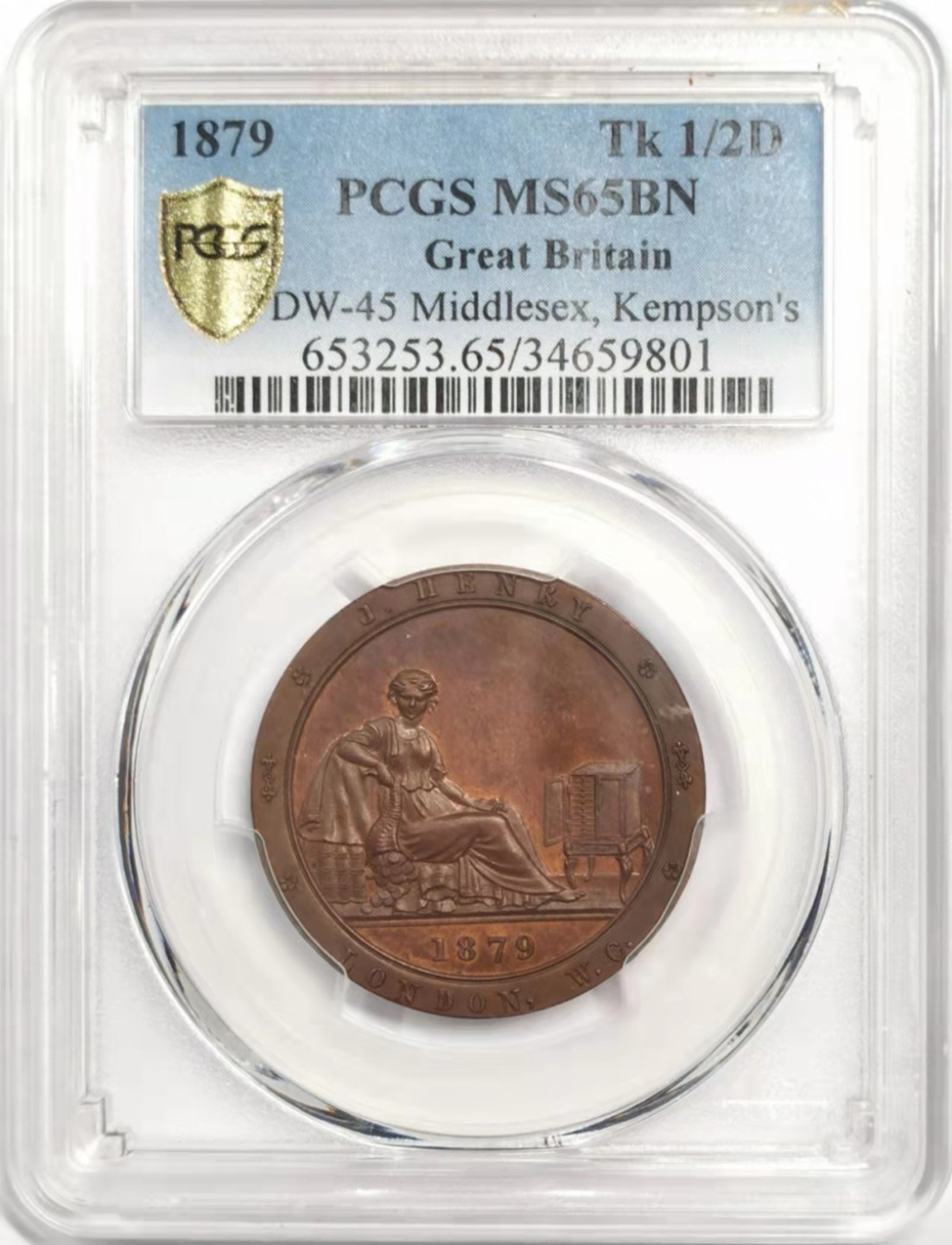 凡希社世界钱币微拍第一百八十五期 稀！1879英国米德尔塞克斯J&H钱币与古董收藏公司PCGS-MS65精美稀见！