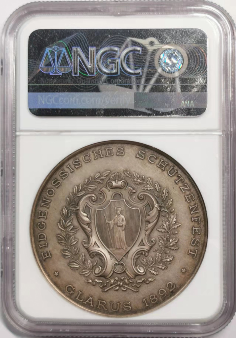 凡希社世界钱币微拍第一百八十五期 1892瑞士格拉鲁斯射击节纪念银章NGC-MS62MATTE
