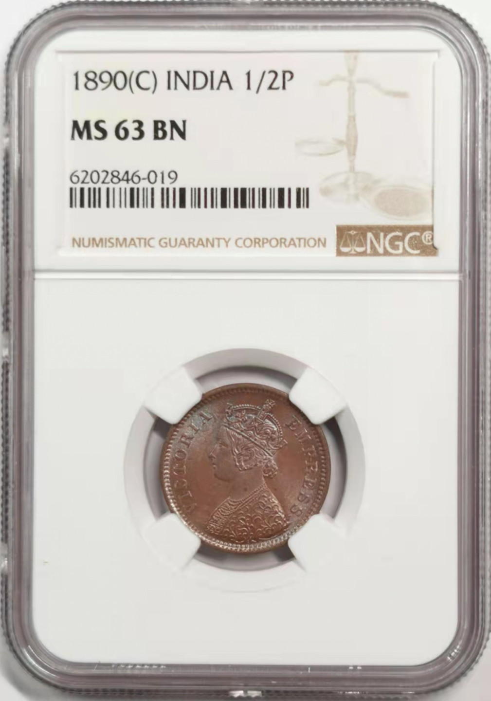 凡希社世界钱币微拍第一百八十五期 1890英属印度小维1/2PICE NGC-MS63