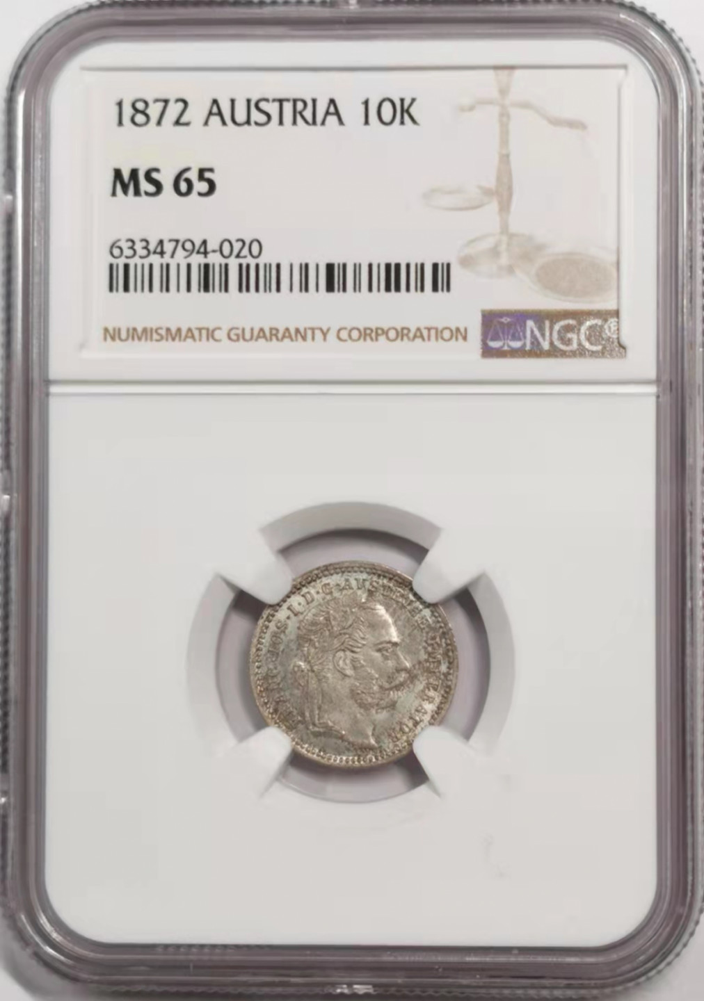 凡希社世界钱币微拍第一百八十五期 1872奥地利10克鲁泽银毫NGC-MS65