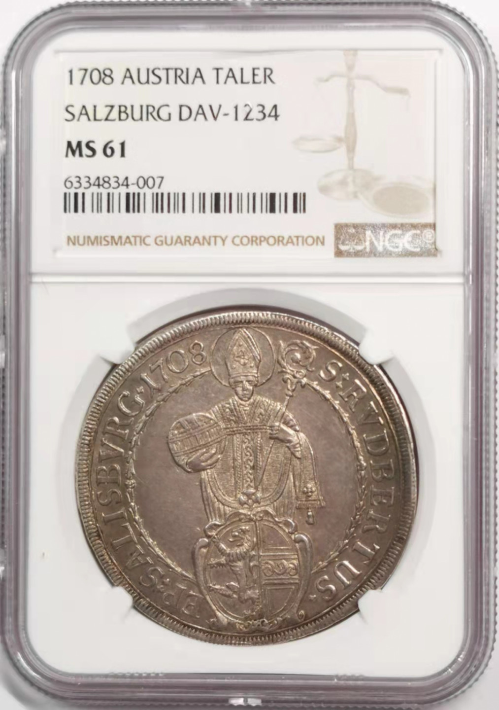 凡希社世界钱币微拍第一百八十五期 荐！1708萨尔茨堡圣鲁伯特泰勒大银NGC-MS61金色浅包浆