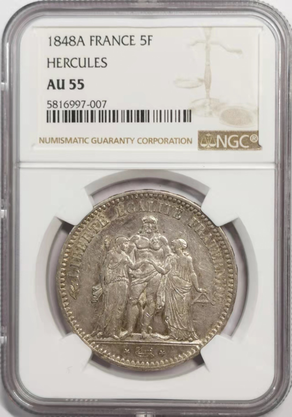 凡希社世界钱币微拍第一百八十五期 1848法国大力神5法郎NGC-AU55