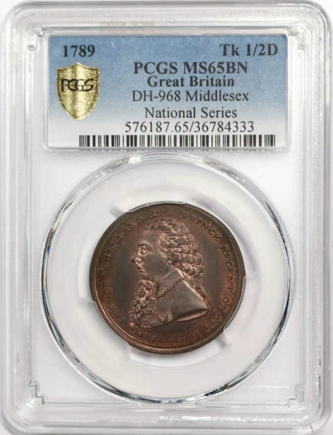 凡希社世界钱币微拍第一百八十五期 1789英国米德尔赛克斯1/2便士TKN王储摄政PCGS-MS65