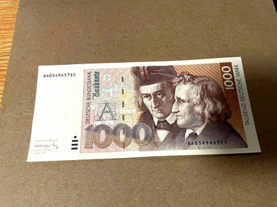 【Blue Auction】世界纸币精拍第153期——卷毛大胖子（共80拍） - 【AA冠】德国1991年1000马克格林兄弟 AU/UNC-