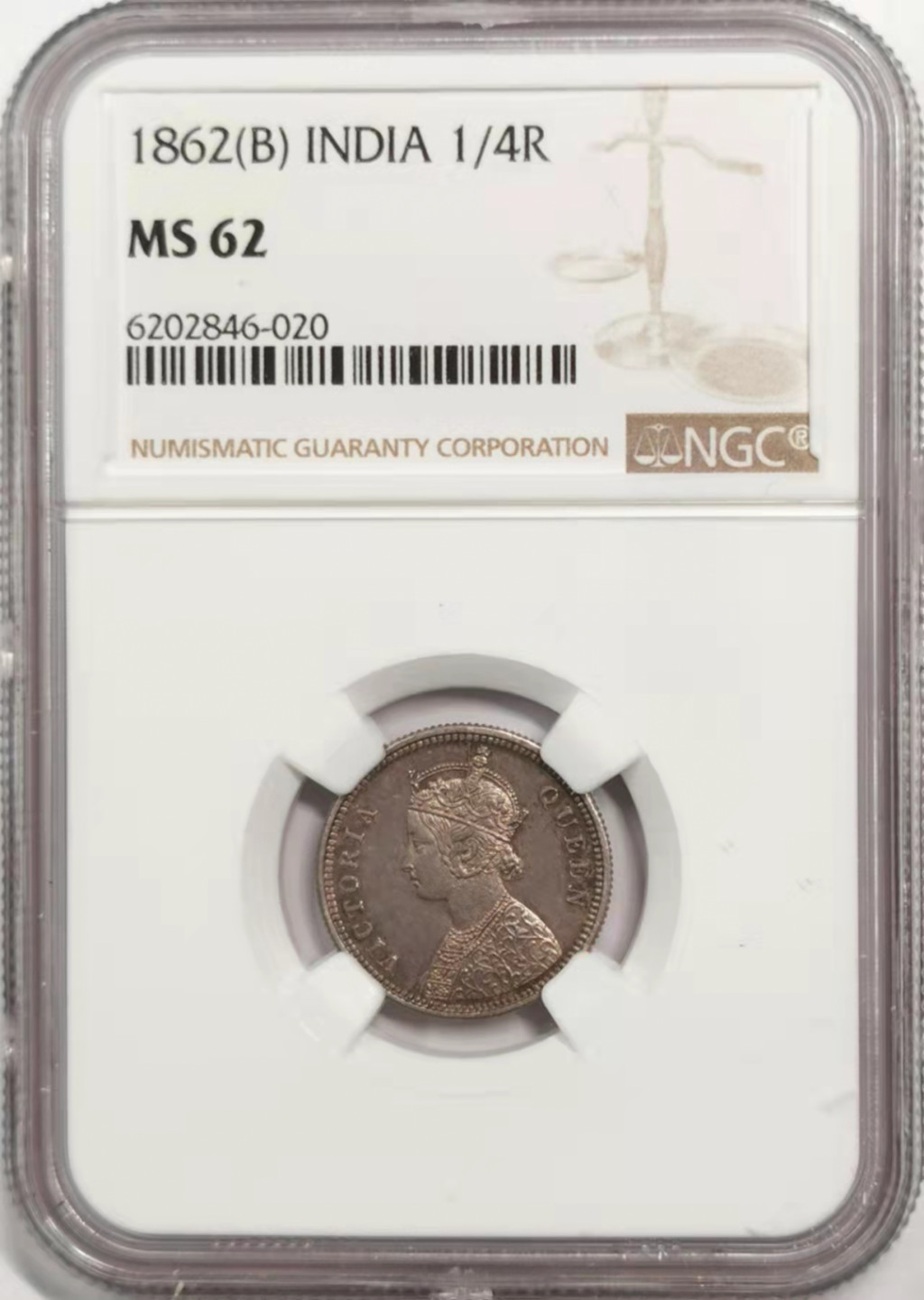 凡希社世界钱币微拍第一百八十五期 1862英属印度小维1/4卢比NGC-MS62