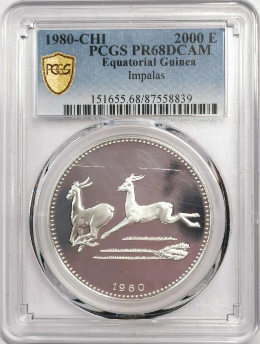 凡希社世界钱币微拍第一百八十五期 1980赤道几内亚黑斑羚2000E精铸PCGS-PF68DCAM