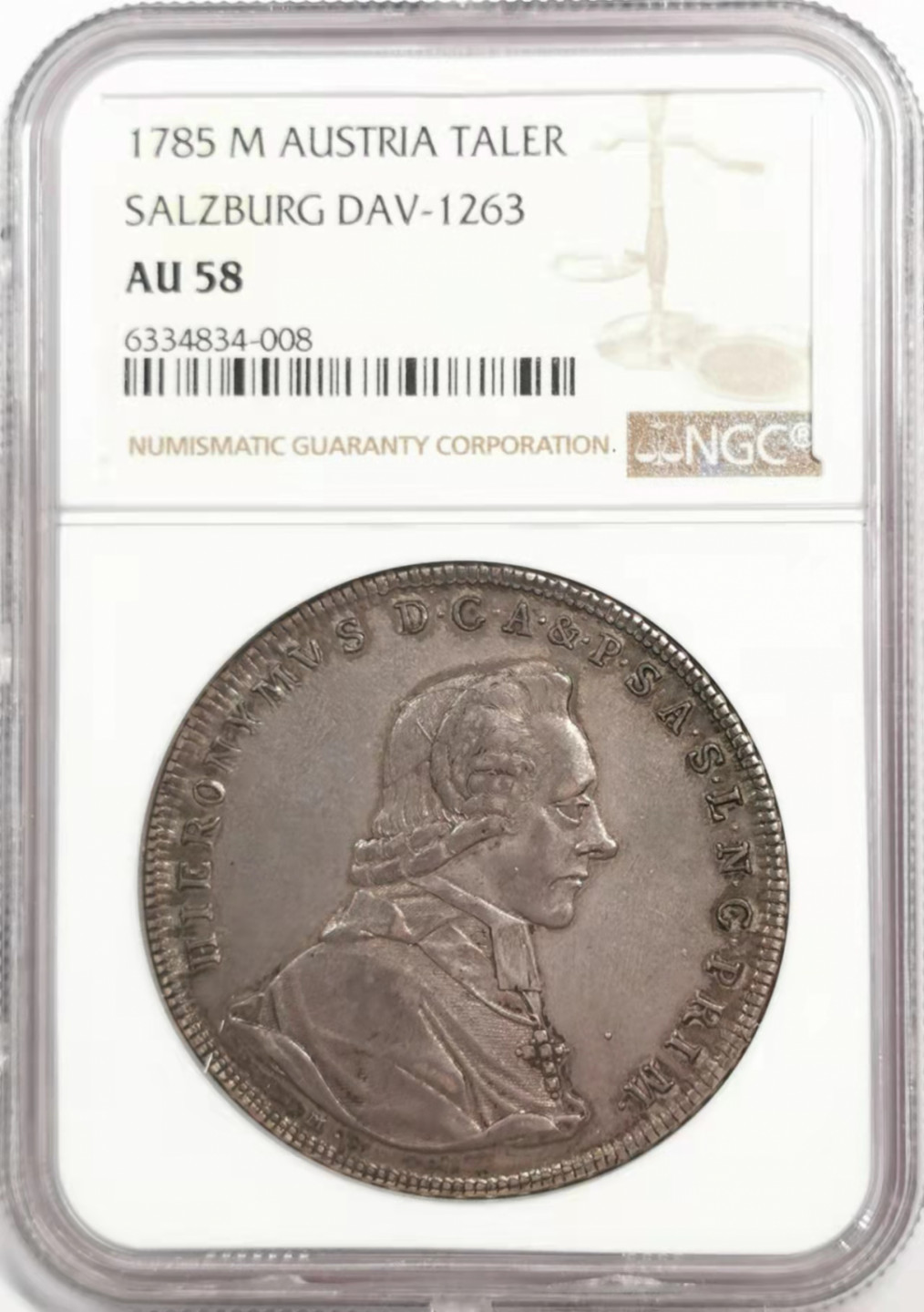 凡希社世界钱币微拍第一百八十五期 1785萨尔茨堡希罗尼穆斯亲王大主教泰勒大银NGC-AU58原味品！