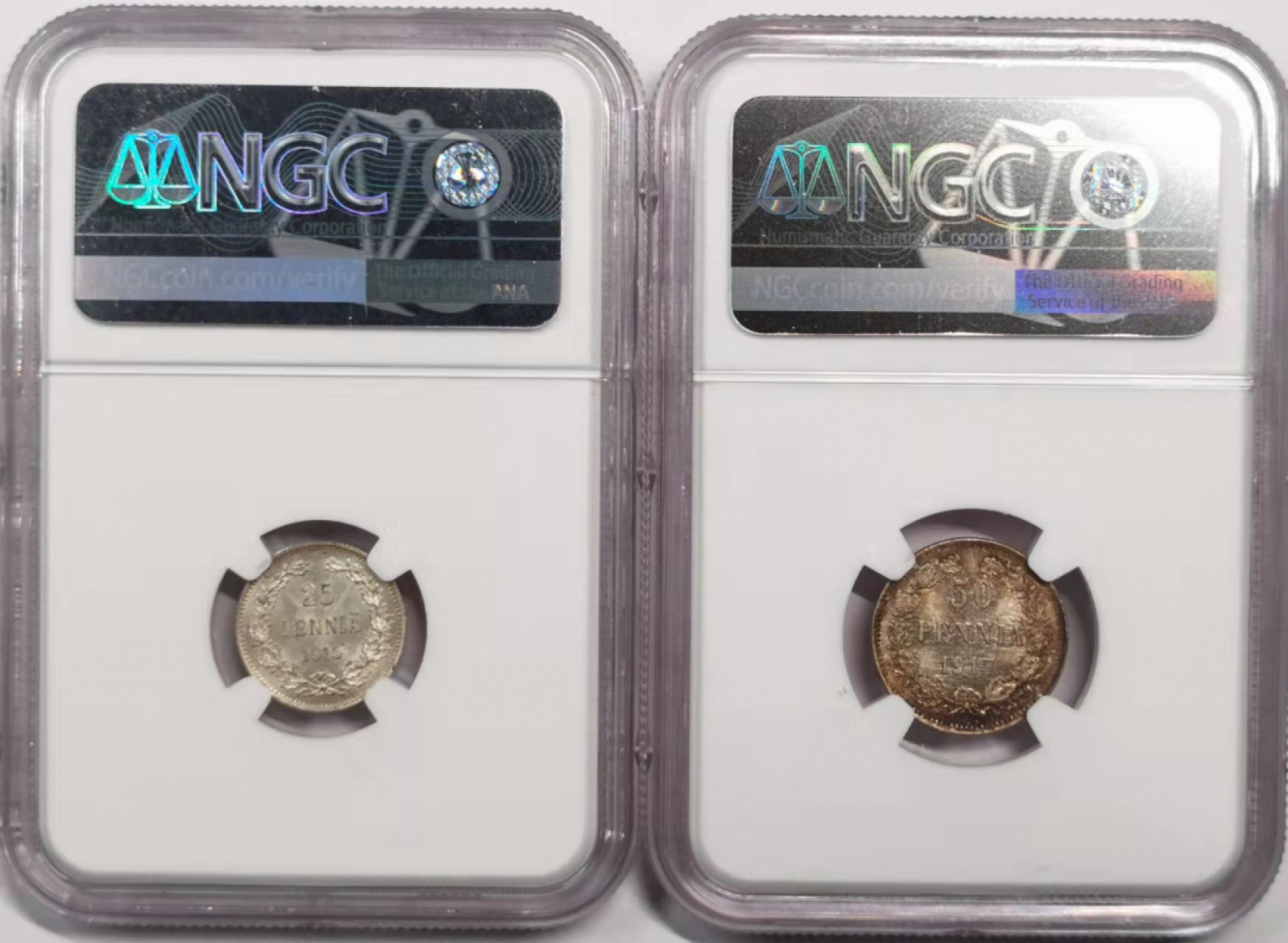 凡希社世界钱币微拍第一百八十五期 芬兰克伦斯基25/50盆尼一对NGC-MS63/64