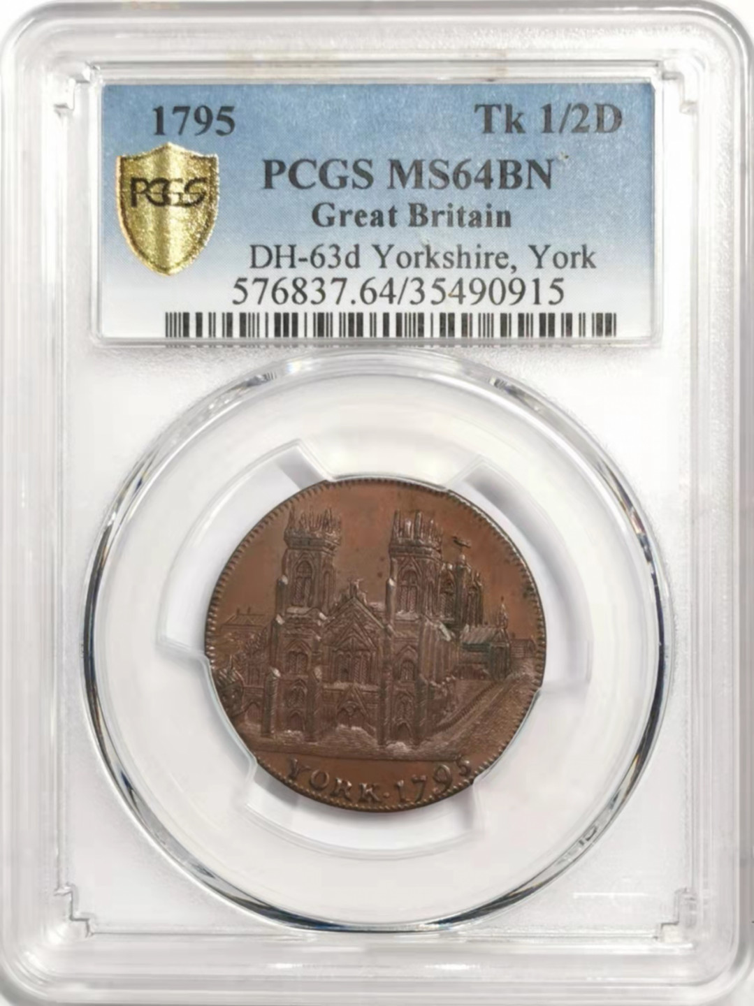 凡希社世界钱币微拍第一百八十五期 荐！1795约克郡1/2便士TKN城堡与吊桥PCGS-MS64