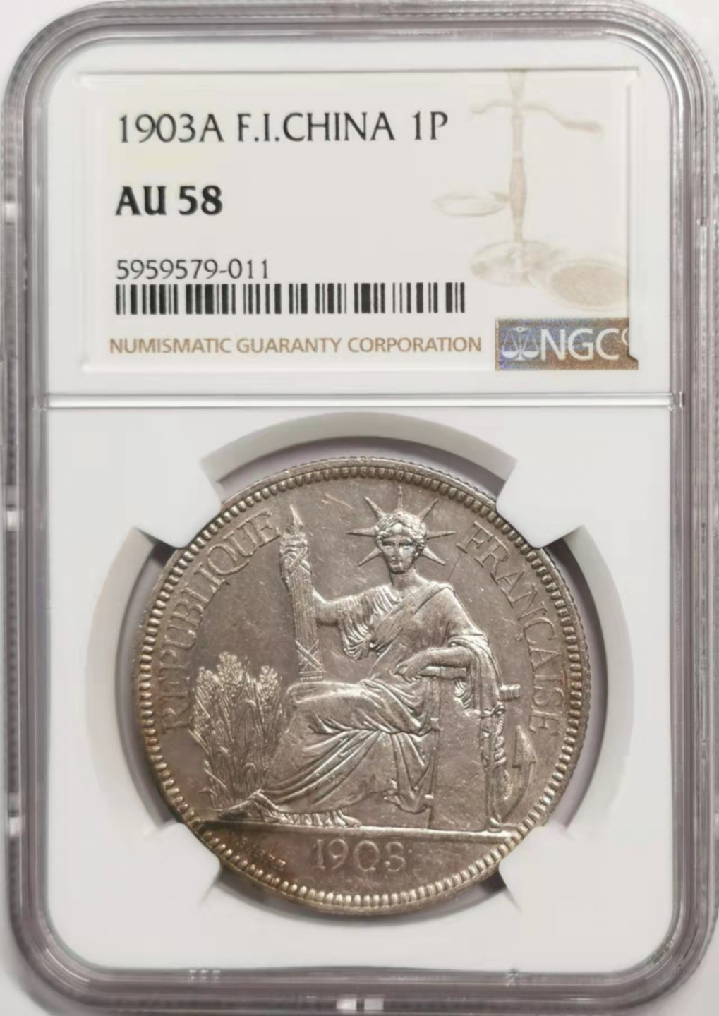 凡希社世界钱币微拍第一百八十五期 1903A法属印度支那皮亚斯特NGC-AU58