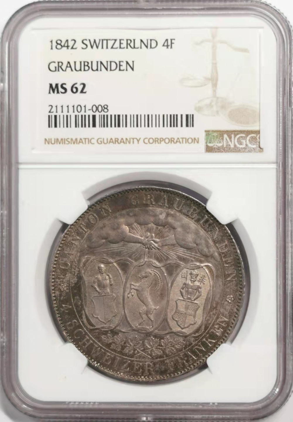 凡希社世界钱币微拍第一百八十五期 荐！1842瑞士格劳宾登射击节4法郎大银NGC-MS62原味包浆！