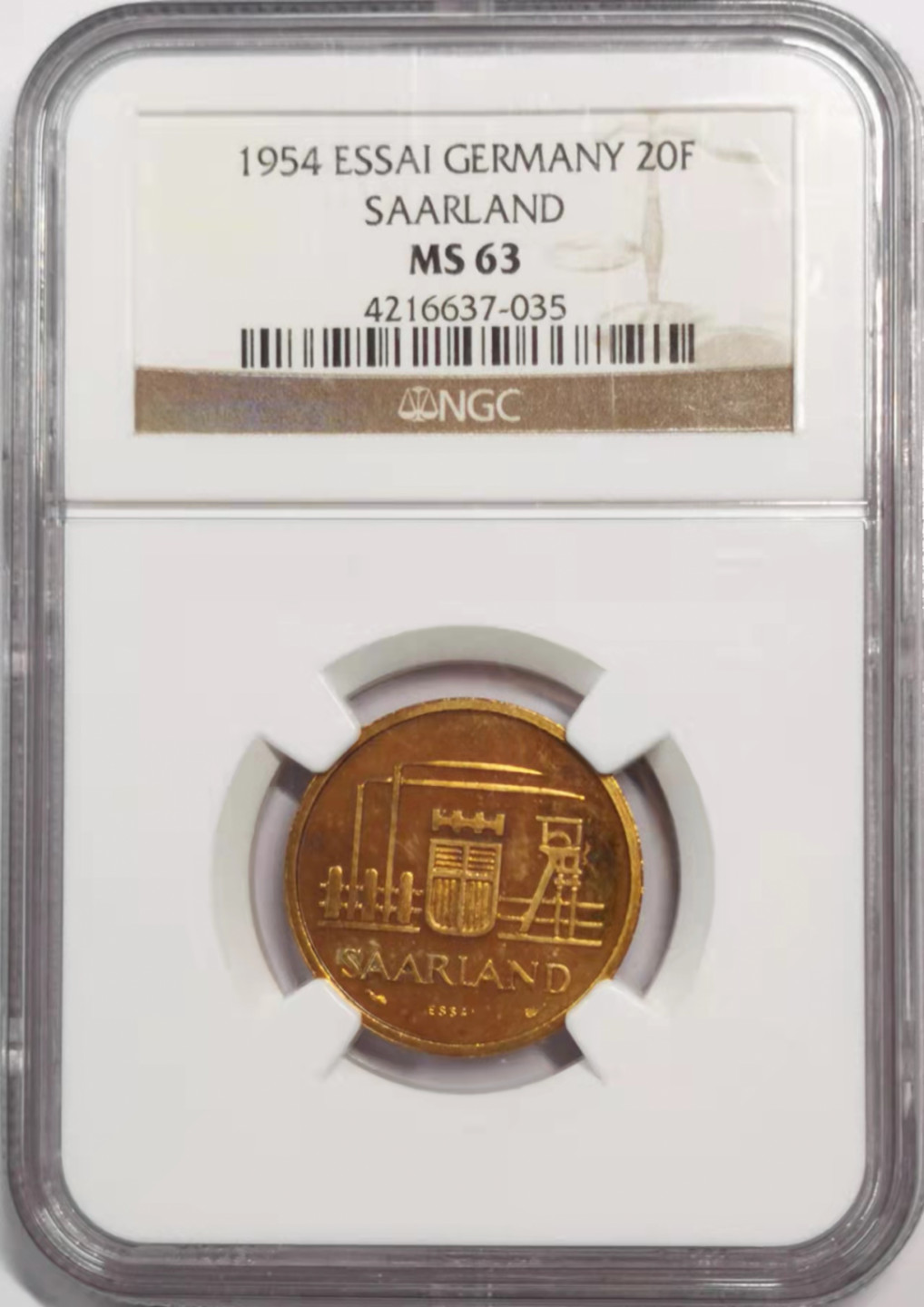 凡希社世界钱币微拍第一百八十五期 1954德国萨尔20法郎essai NGC-MS63