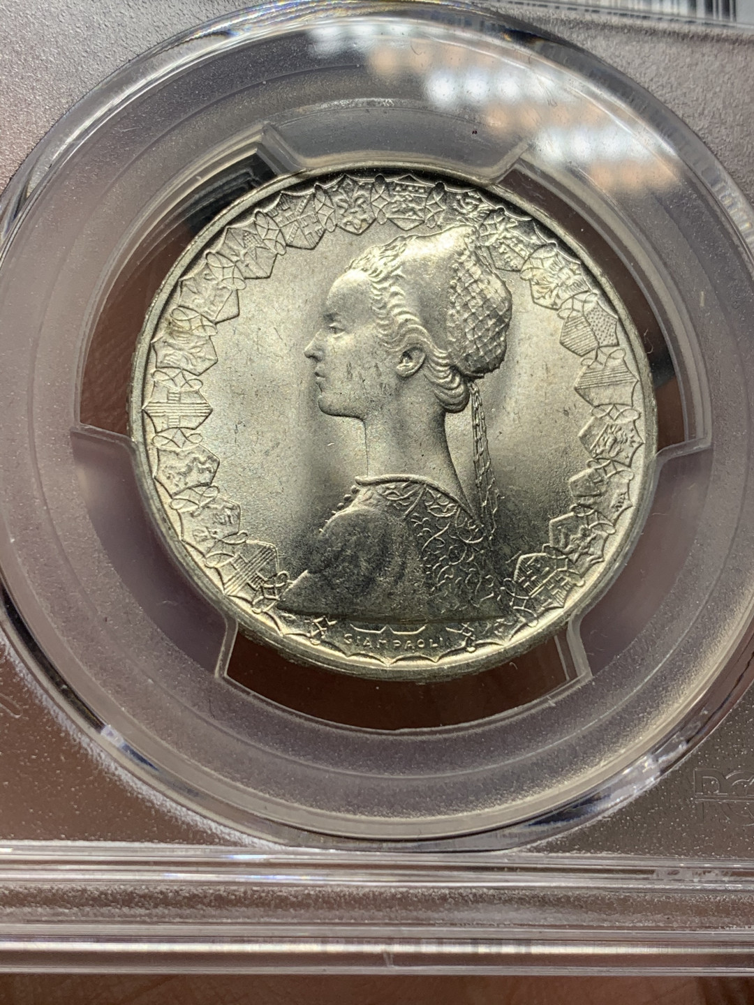 《竞宝斋》第27场-本周日，周一2场连拍（全场顺丰包邮） PCGS MS65 意大利 1966年 5里拉 帆船银币 大转光