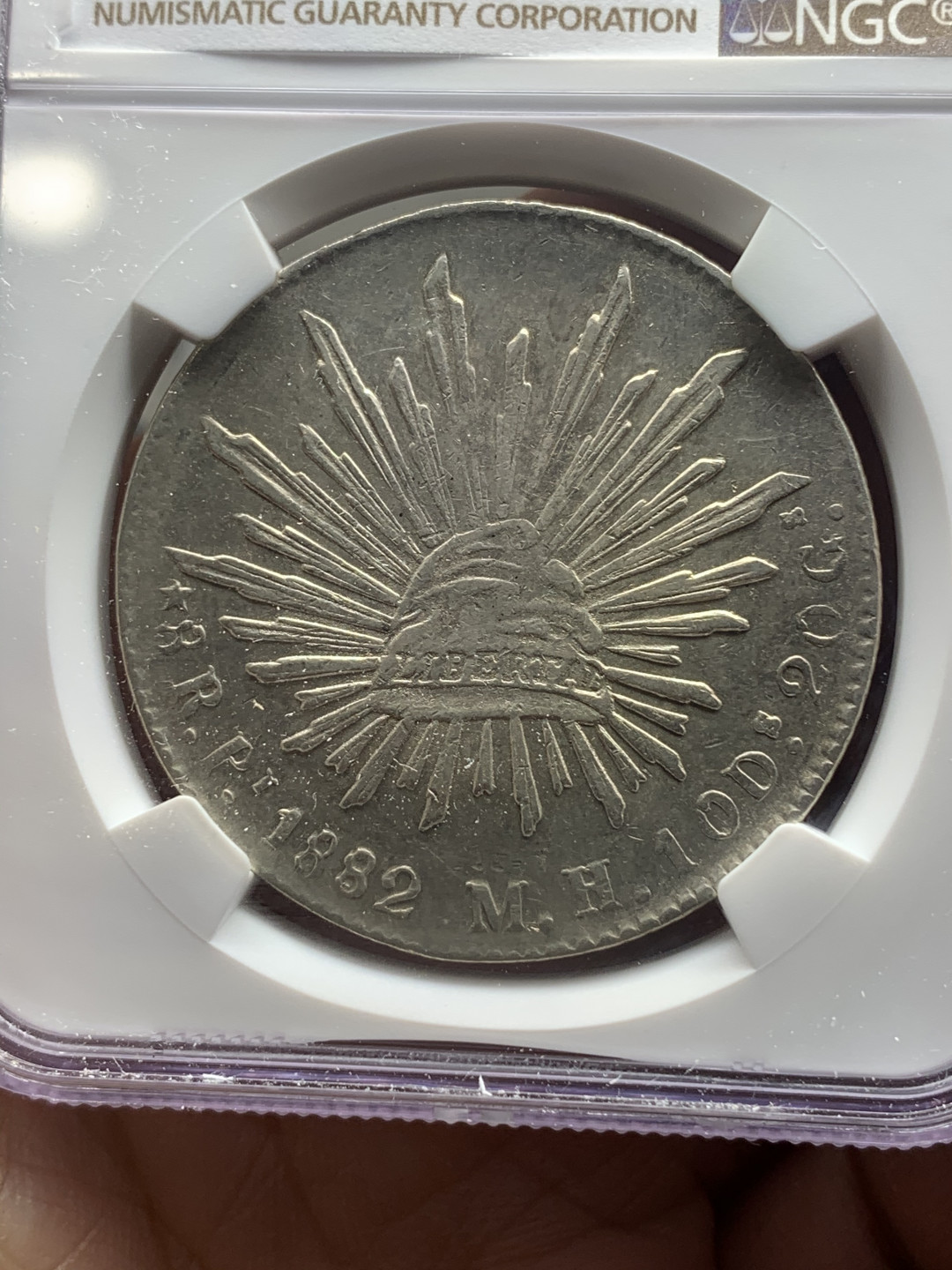 《竞宝斋》第27场-本周日，周一2场连拍（全场顺丰包邮） NGC-XFD  1882 墨西哥鹰洋 8 里亚尔 波多西厂  原味五彩