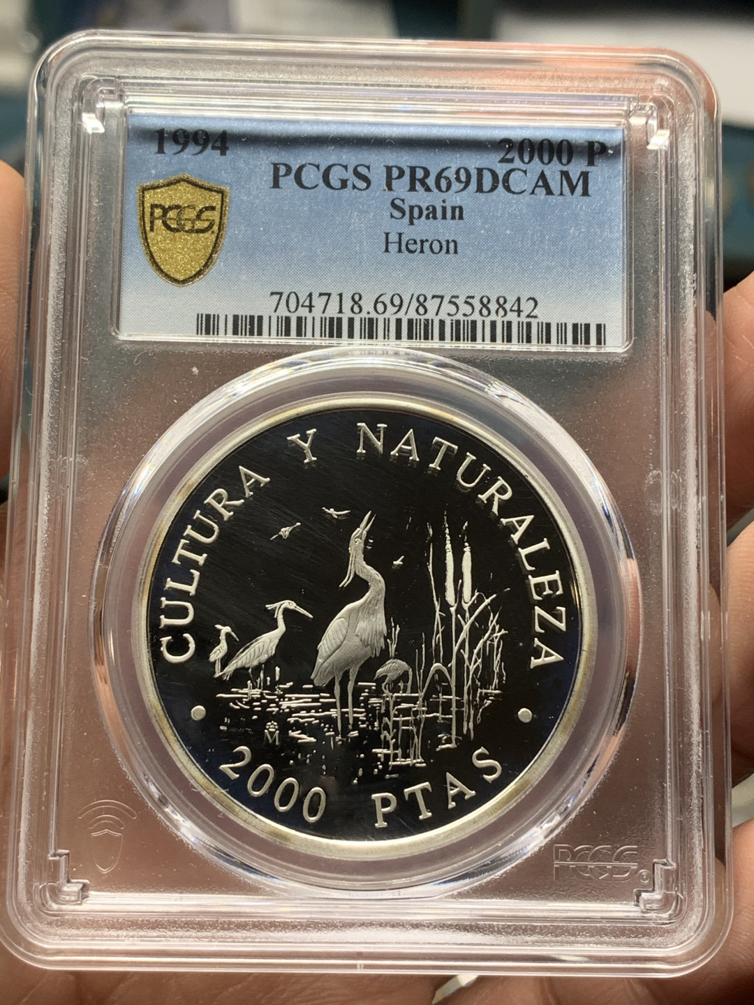 《竞宝斋》第27场-本周日，周一2场连拍（全场顺丰包邮） PCGS PR69DCAM 西班牙1994年2000比塞塔精制大银币 唯一冠军分 925银，直径40mm，重量27g，发行量6555枚。