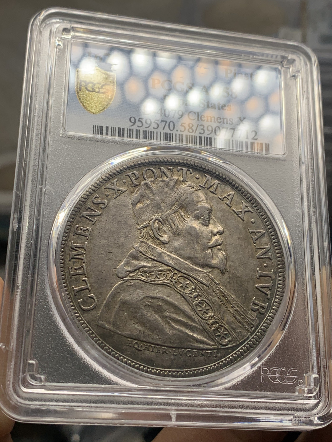 《竞宝斋》第27场-本周日，周一2场连拍（全场顺丰包邮） 唯一冠军分 PCGS-AU58 教皇国 1675年 克莱孟十世 皮阿斯特大银币  教皇国主币大热门！包浆漂亮！