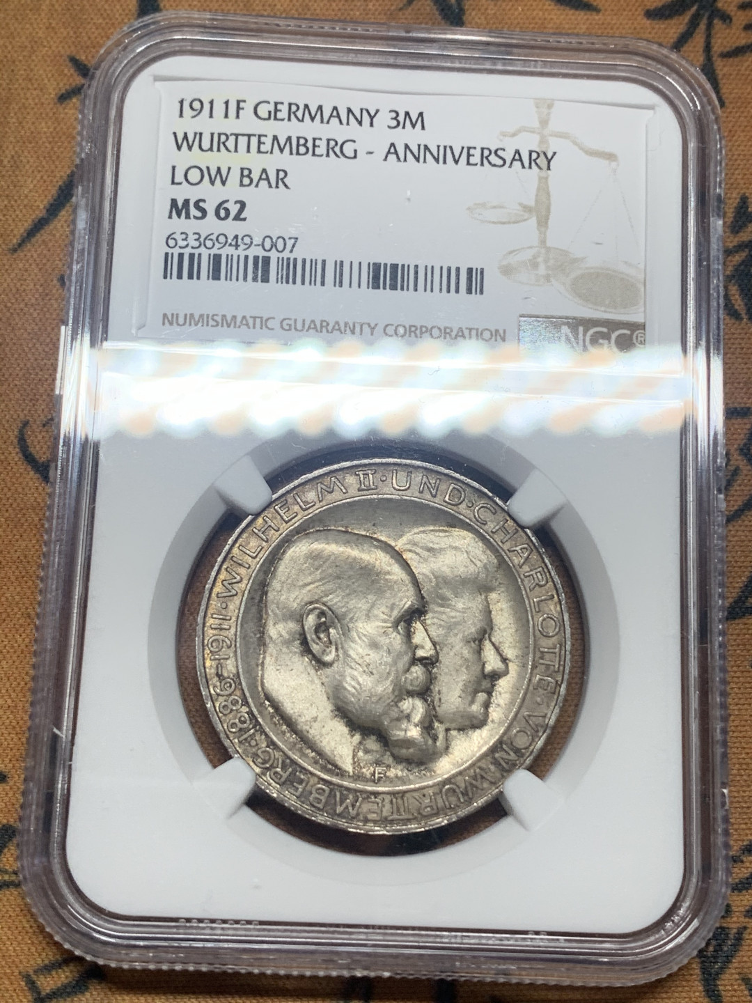 《竞宝斋》第27场-本周日，周一2场连拍（全场顺丰包邮） NGC MS62 德国1911年金婚纪念3马克银币