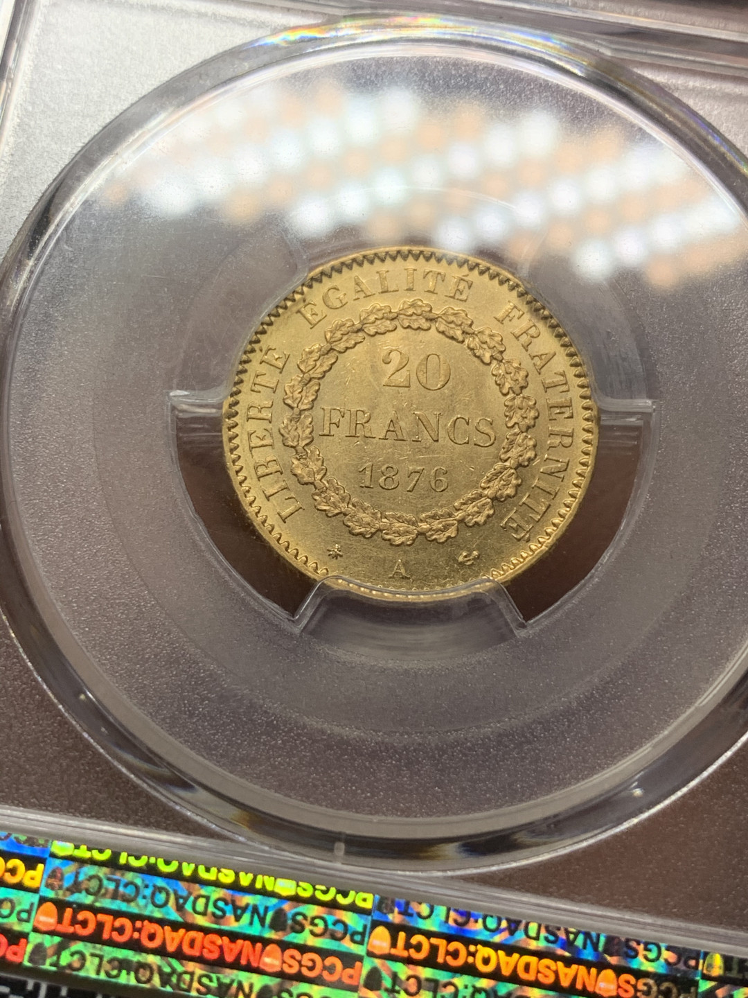 《竞宝斋》第27场-本周日，周一2场连拍（全场顺丰包邮） PCGS-MS64 法国1876年20法郎天使金币 6.45克，900金，早期年份，不是常见的1897年