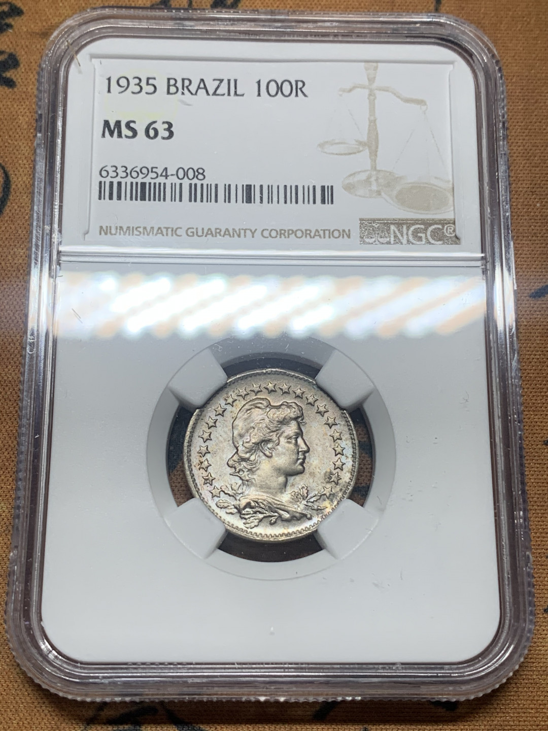 《竞宝斋》第27场-本周日，周一2场连拍（全场顺丰包邮） NGC MS63，64 巴西1935年100r女神镍币一对