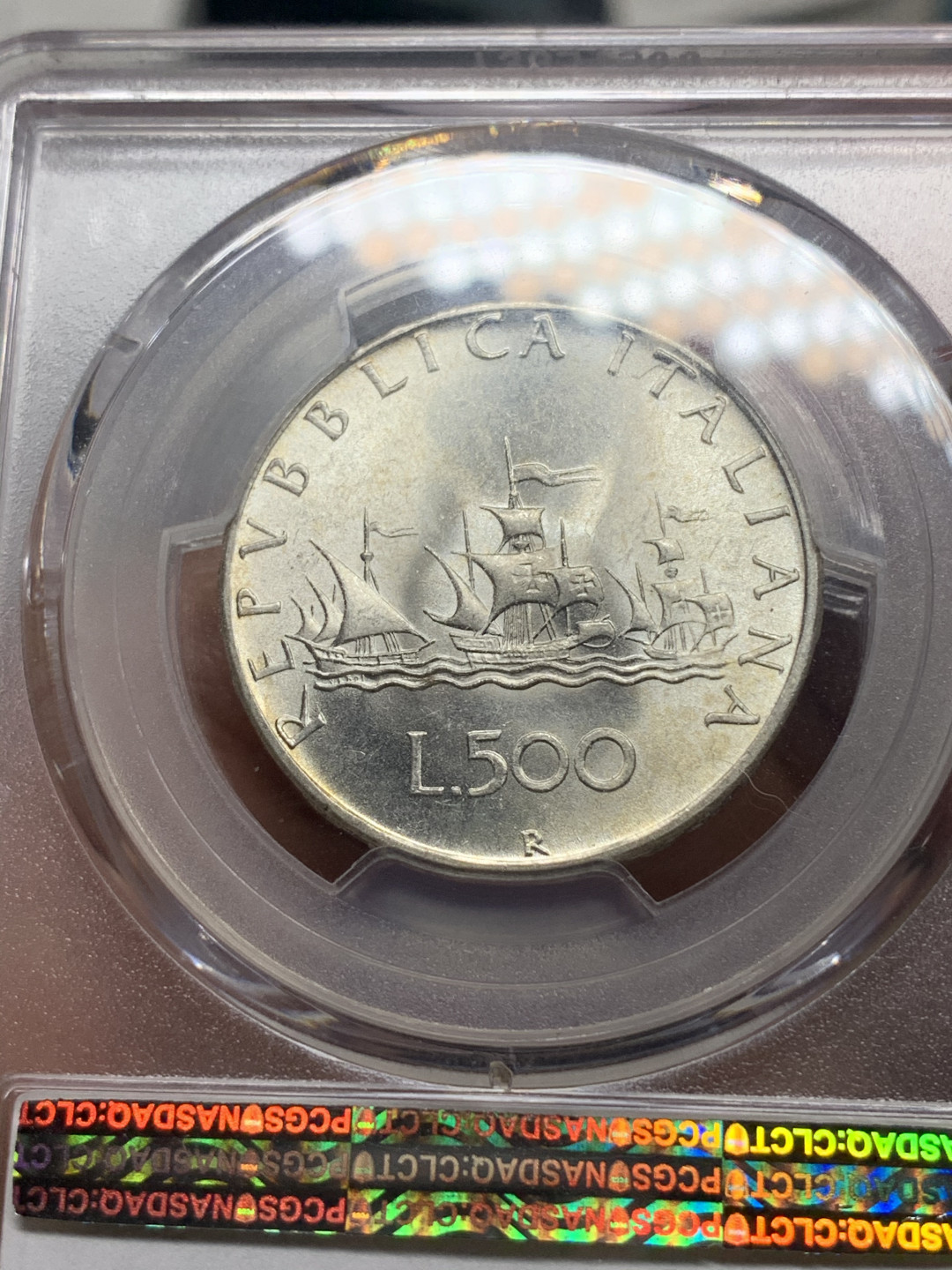 《竞宝斋》第27场-本周日，周一2场连拍（全场顺丰包邮） PCGS MS65 意大利 1966年 5里拉 帆船银币 大转光