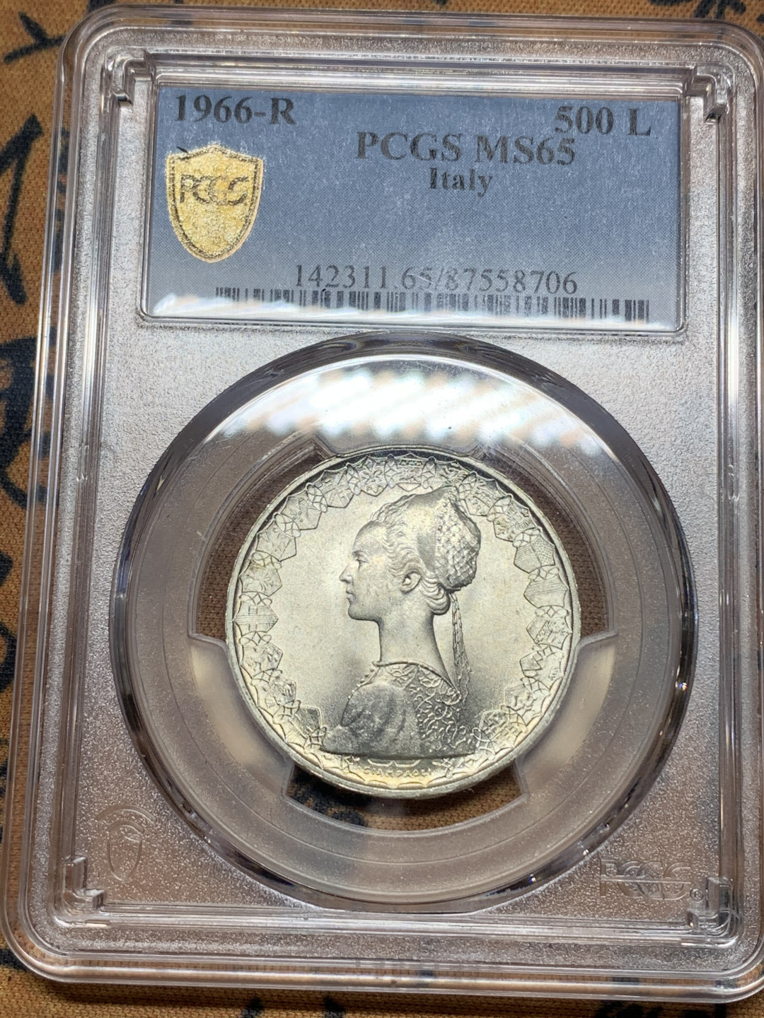 《竞宝斋》第27场-本周日，周一2场连拍（全场顺丰包邮） PCGS MS65 意大利 1966年 5里拉 帆船银币 大转光