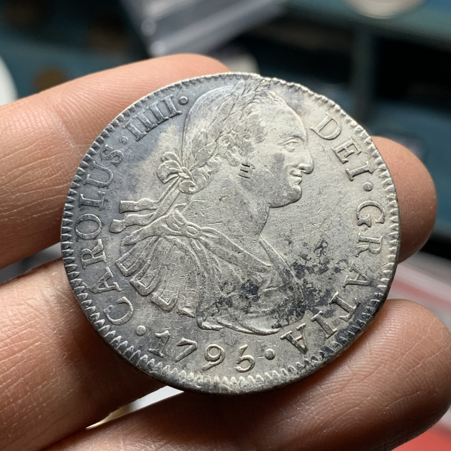 《竞宝斋》第27场-本周日，周一2场连拍（全场顺丰包邮） 西属 墨西哥1795年 卡四 8R 双柱大银币39.2mm 26.6克 细节见图