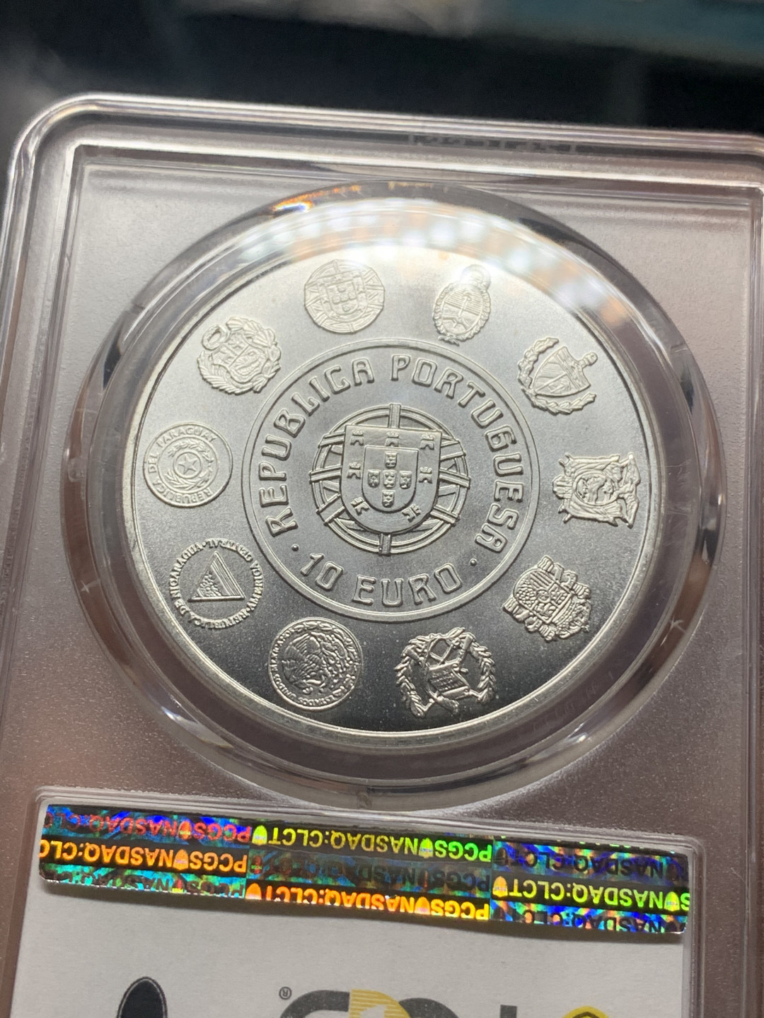 《竞宝斋》第27场-本周日，周一2场连拍（全场顺丰包邮） PCGS MS67 葡萄牙2003年美洲航海纪念10欧元普制大银币 唯一冠军分