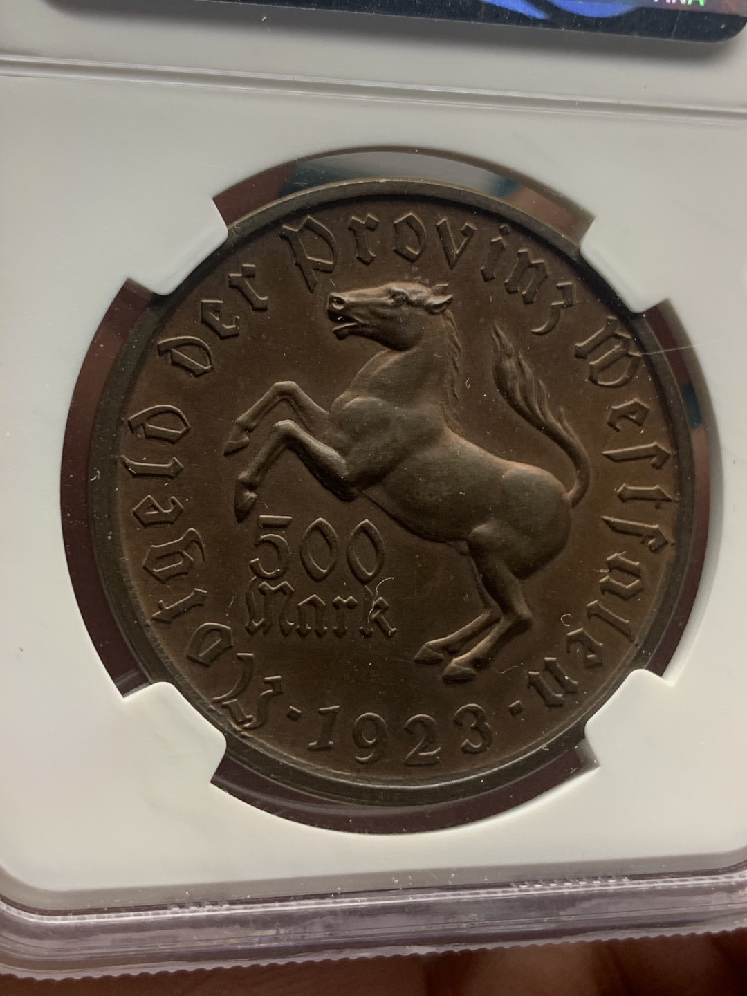 《竞宝斋》第27场-本周日，周一2场连拍（全场顺丰包邮） NGC-MS63BN 德国1923年 500马克 紧急币马币 美女诗人   巧克力包浆漂亮