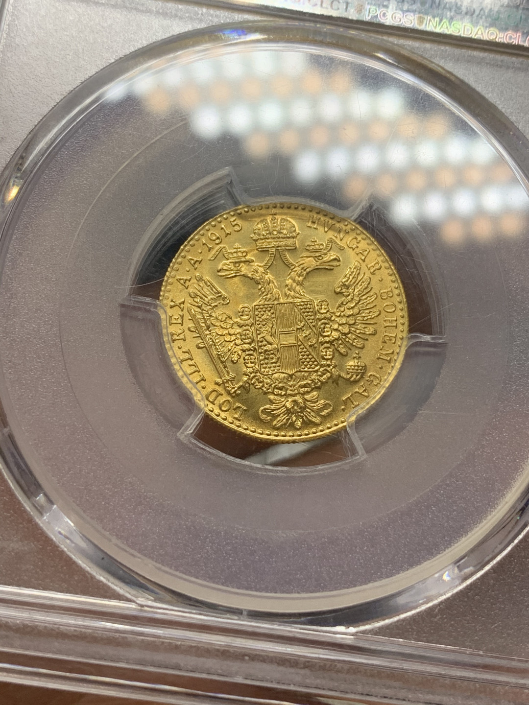 《竞宝斋》第27场-本周日，周一2场连拍（全场顺丰包邮） PCGS MS66 奥匈帝国 1915年 弗朗茨一世 杜卡特金币 重量3.49克,98.60%金 后铸版 状态一流 